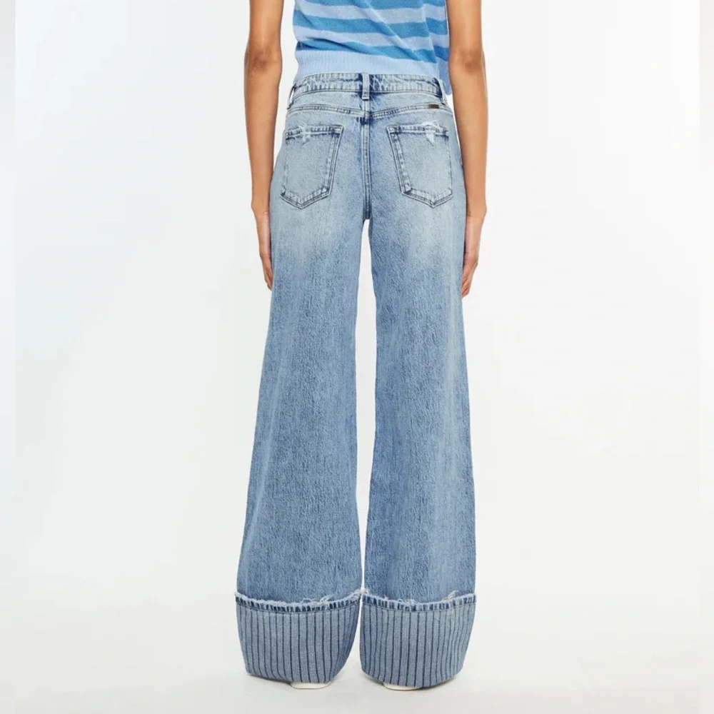 NWT KanCan High Rise Wide Leg Jeans Stripe Cuff Size 29 Medium Wash Flare - Picture 6 of 7